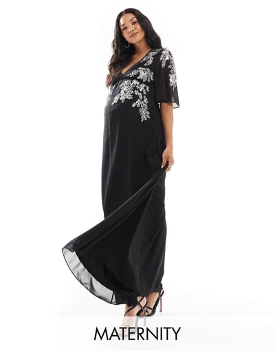 ASOS Hope & Ivy Maternity flutter sleeve embellished maxi dress in black