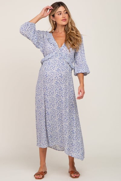 PinkBlush Blue Floral Ruffle V-Neck Maternity Midi Dress
