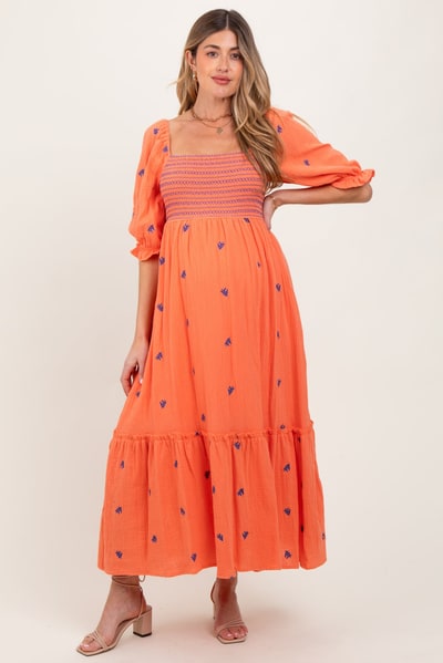 PinkBlush Coral Gauze Smocked Embroidered Square Neck Maternity Midi Dress