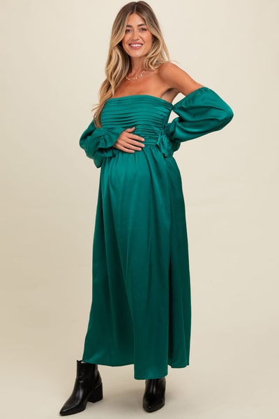 PinkBlush Emerald Green Off Shoulder Satin Pleated Bodice Maternity Maxi Dress