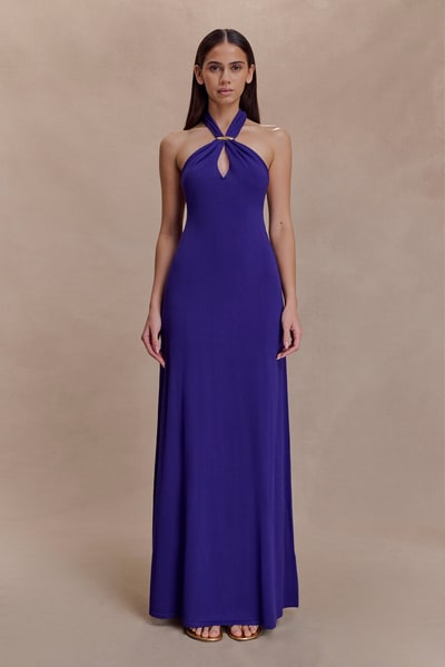 MESHKI Ozias Halter Semi Sheer Knit Maxi Dress - Deep Purple