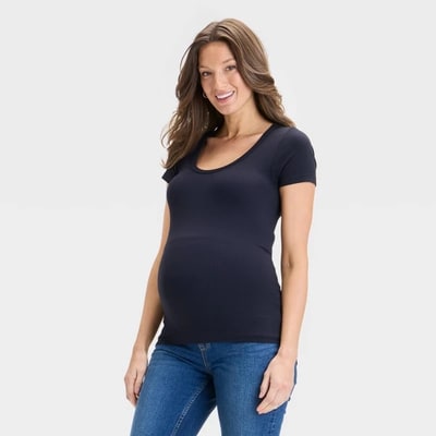 Target Short Sleeve Ribbed Seamless Maternity T-Shirt - Isabel Maternity by Ingrid & Isabel™ Black XS: Lightweight Crew Neck Pullover