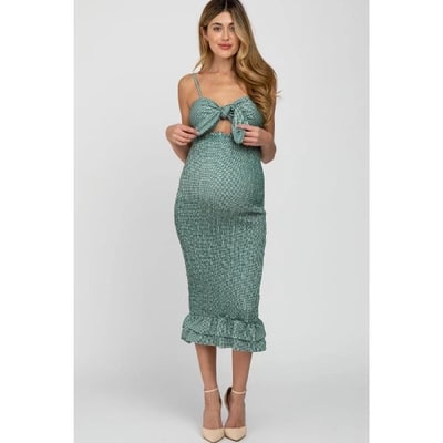 Target Pinkblush Green Gingham Print Smocked Fitted Self-Tie Maternity Midi Dress Small