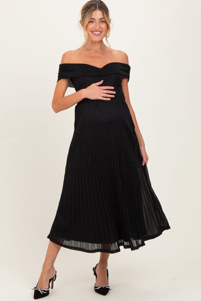 PinkBlush Black Shimmer Off Shoulder Pleated Maternity Midi Dress