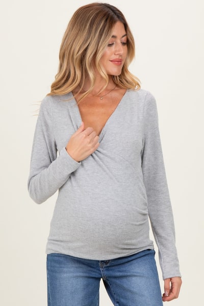 PinkBlush Heather Gray Brushed Knit Wrap Front Maternity Top