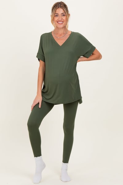 PinkBlush Olive Oversized V-Neck Tee Legging Maternity Lounge Set
