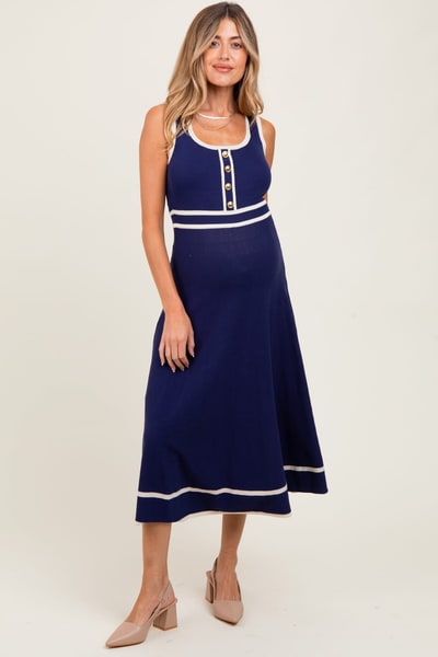 PinkBlush Navy Ribbed Knit Button Accent Sleeveless Maternity Midi Dress