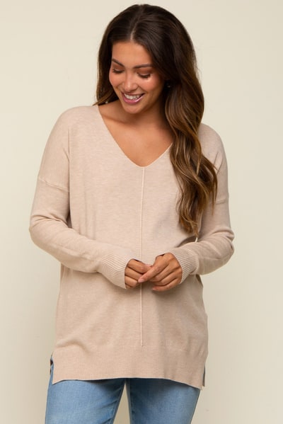 PinkBlush Beige Long Sleeve Side Slit Maternity Sweater