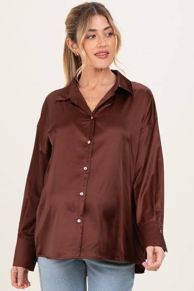 PinkBlush Brown Satin Button Up Maternity Blouse