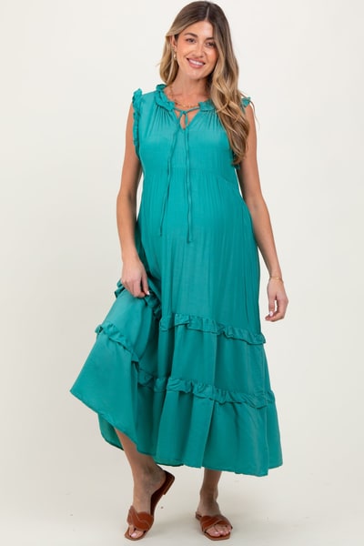 PinkBlush Green Ruffle Accent Tiered Front Tie Maternity Midi Dress