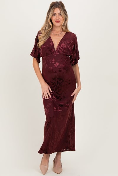 PinkBlush Burgundy Floral Velvet V-Neck Short Sleeve Maternity Maxi Dress