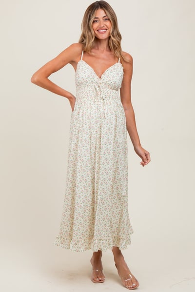 PinkBlush Pink Floral Smocked Waist Ruffle Accent Maternity Midi Dress