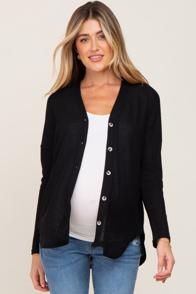PinkBlush Black Waffle Knit Button Down Maternity Top