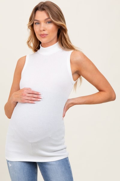 PinkBlush Ivory Striped Ribbed Mock Neck Sleeveless Maternity Top
