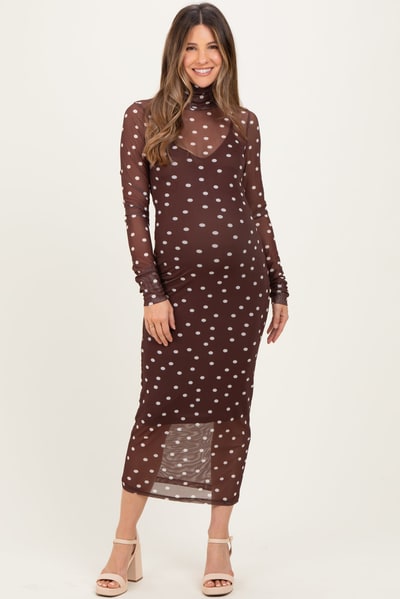 PinkBlush Mocha Polka Dot Mesh Overlay Maternity Midi Dress