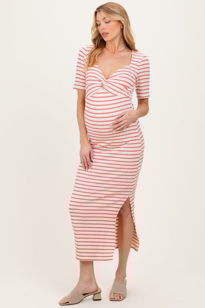 PinkBlush Cream/ Mauve Striped Knit Short Sleeve Maternity Maxi Dress