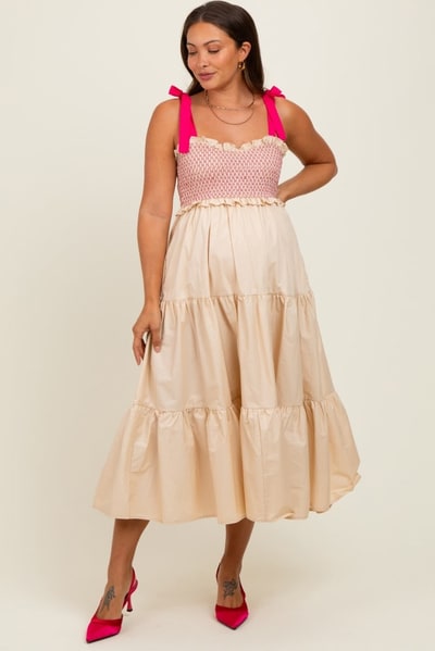 PinkBlush Cream Smocked Contrast Shoulder Tie Maternity Midi Dress