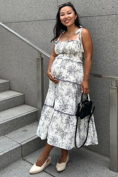 PinkBlush Charcoal Floral Sleeveless Ruffle Tiered Maternity Midi Dress