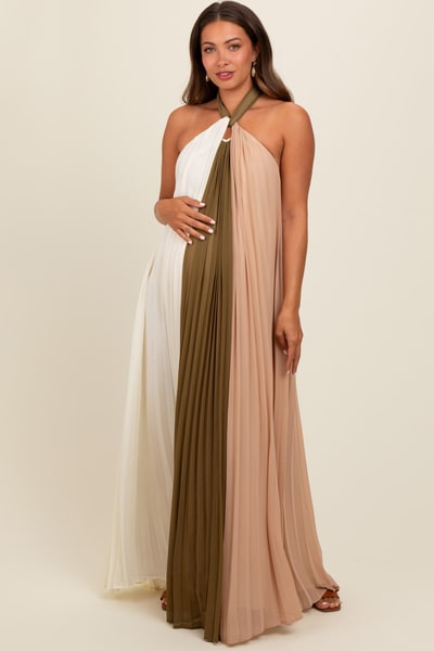 PinkBlush Olive Colorblock Pleated Halter Neck Maternity Maxi Dress