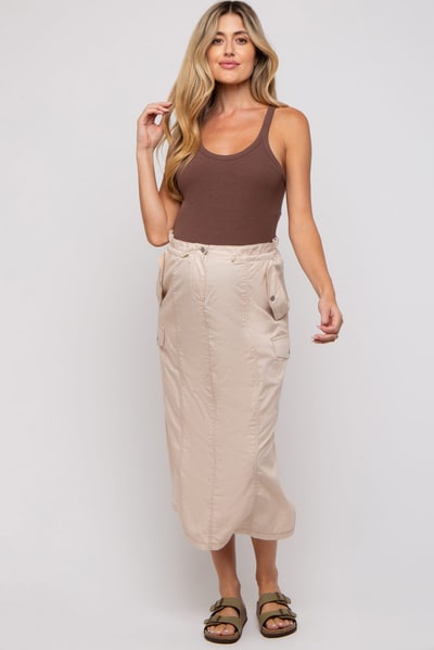 PinkBlush Beige Cargo Cinched Maternity Midi Skirt