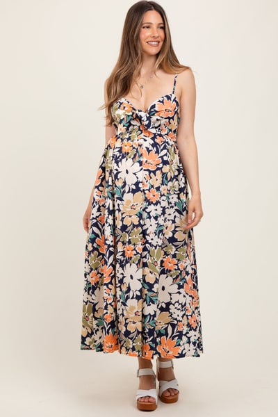 PinkBlush Navy Multi Floral Front Tie Sleeveless Maternity Midi Dress