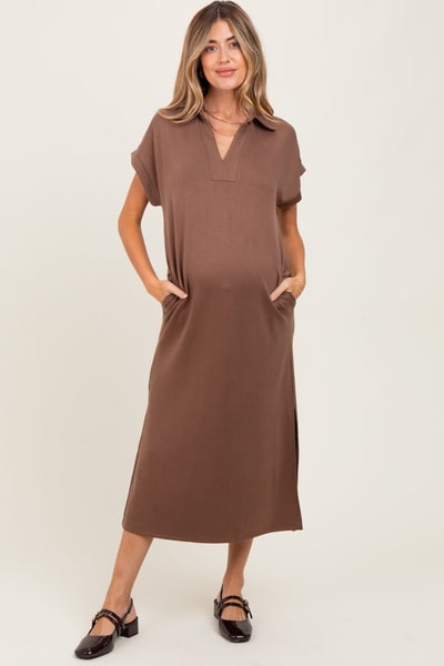 PinkBlush Mocha Collared Short Sleeve Maternity Midi Dress