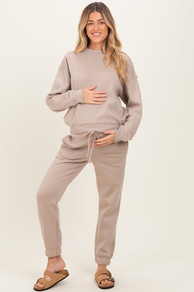 PinkBlush Light Mocha Fleece Long Sleeve Maternity Pullover & Jogger Set