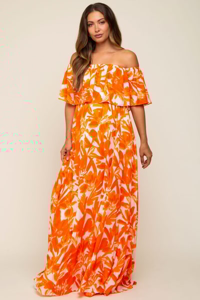 PinkBlush Orange Floral Off Shoulder Flounce Maternity Maxi Dress