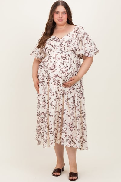 PinkBlush Cream/Brown Floral Print Bubble Sleeve Maternity Maxi Dress Plus Size