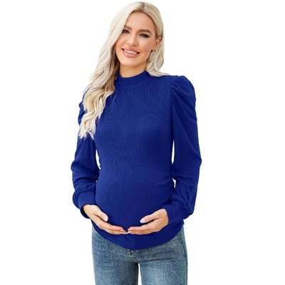 Target YESFASHION Women's Knit Ribbed Maternity Top Mock Neck Long Sleeve Shirts Pregnant Ruched Tunic Pullover Sweater Blue S