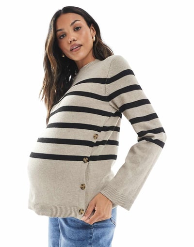 ASOS Mamalicious knit sweater with button-side nursing function in beige and black stripes