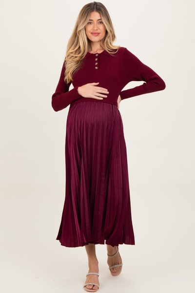 PinkBlush Burgundy Collared Knit Contrast Pleated Skirt Maternity Midi Dress