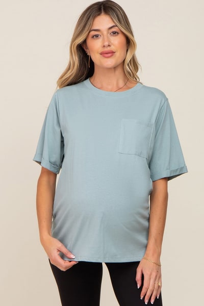 PinkBlush Mint Green Oversized Pocket Front Short Sleeve Maternity Top