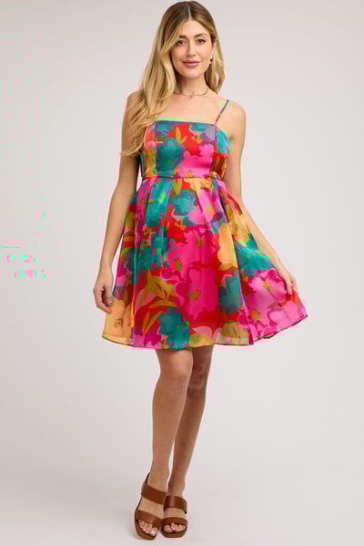 PinkBlush Red Floral Organza Square Neck Back Tie Maternity Dress