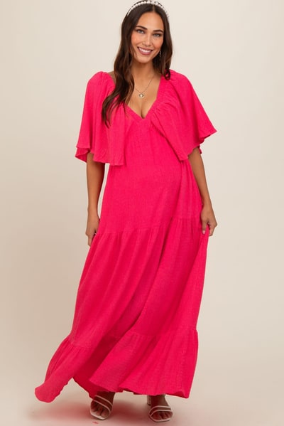 PinkBlush Coral Flounce Sleeve Tiered Maternity Dress