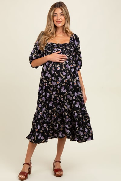 PinkBlush Black Floral Pleated Bodice 3/4 Sleeve Maternity Midi Dress