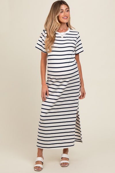 PinkBlush Navy Striped Side Slit Maternity Maxi Dress