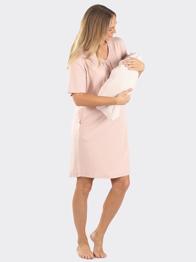 Angel Maternity Mama Hospital Pack: Knee Length Nightie + Free Baby Pouch in Pink