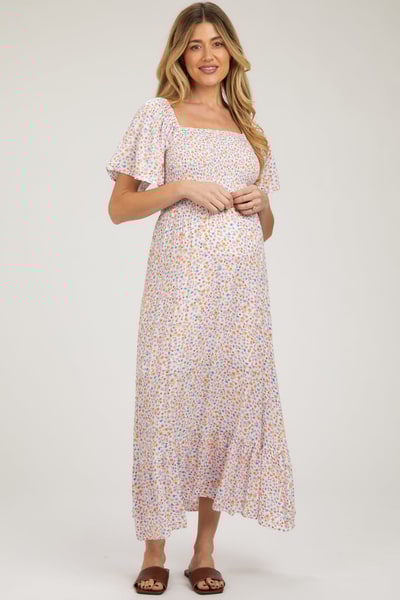 PinkBlush Ivory Floral Smocked Maternity Maxi Dress
