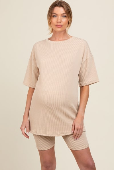 PinkBlush Beige Ribbed Maternity Biker Shorts Set