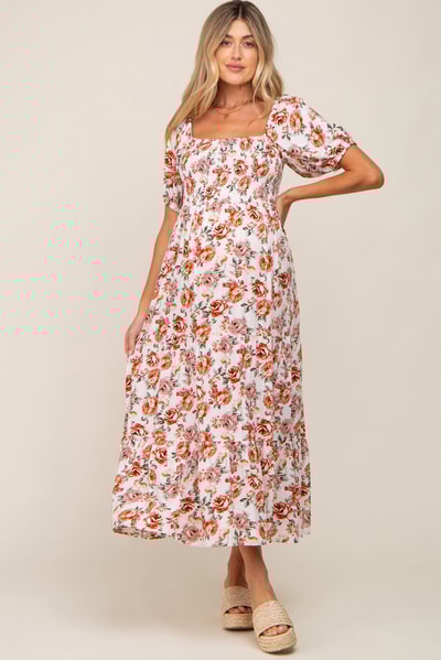 PinkBlush Cream Floral Smocked Square Neck Tiered Maternity Maxi Dress