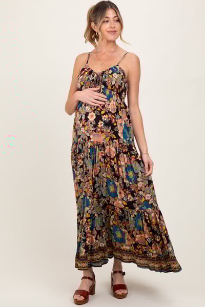 PinkBlush Black Floral Front Tie Tiered Maternity Maxi Dress