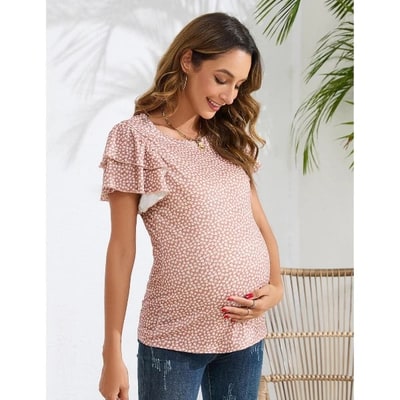 Target Coolmee Women's Maternity Shirts Nursing Tops Flying Short Sleeve Breastfeeding Tees Lightweight Side Ruched Pregnancy Clothes M Pink Printing