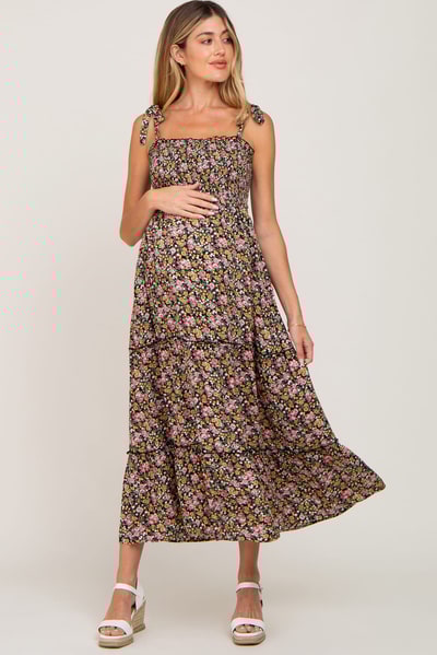 PinkBlush Black Multi-Color Floral Sleeveless Tiered Maternity Maxi Dress