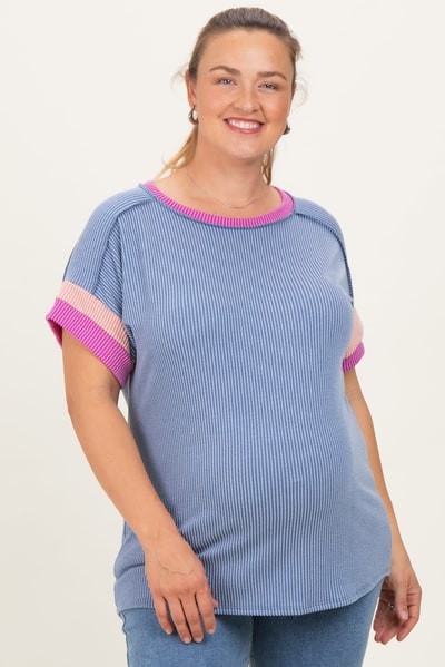 PinkBlush Dusty Blue Ribbed Colorblock Detail Maternity Plus Short Sleeve Top
