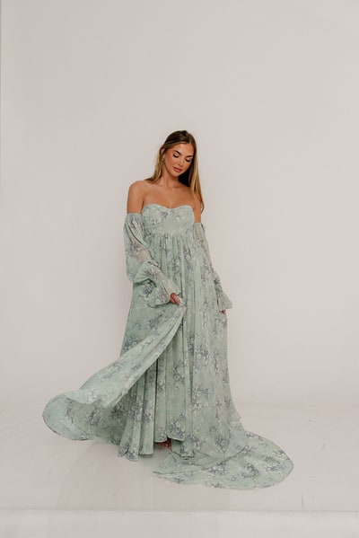 Worth Collective Delilah Maxi Dress with Train in Muted Sage Floral - Bump Friendly