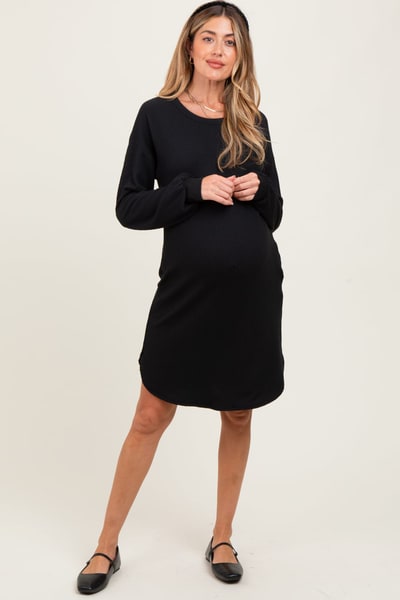 PinkBlush Black Rib Knit Long Sleeve Maternity Dress