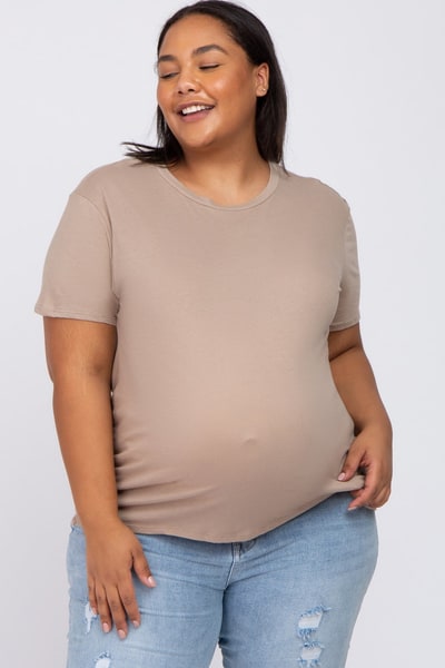 PinkBlush Mocha Solid Short Sleeve Plus Maternity Top