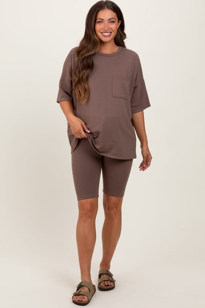 PinkBlush Brown Oversized Short Sleeve Biker Short Maternity Set