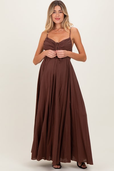 PinkBlush Brown Gathered Tie Front Maternity Maxi Dress